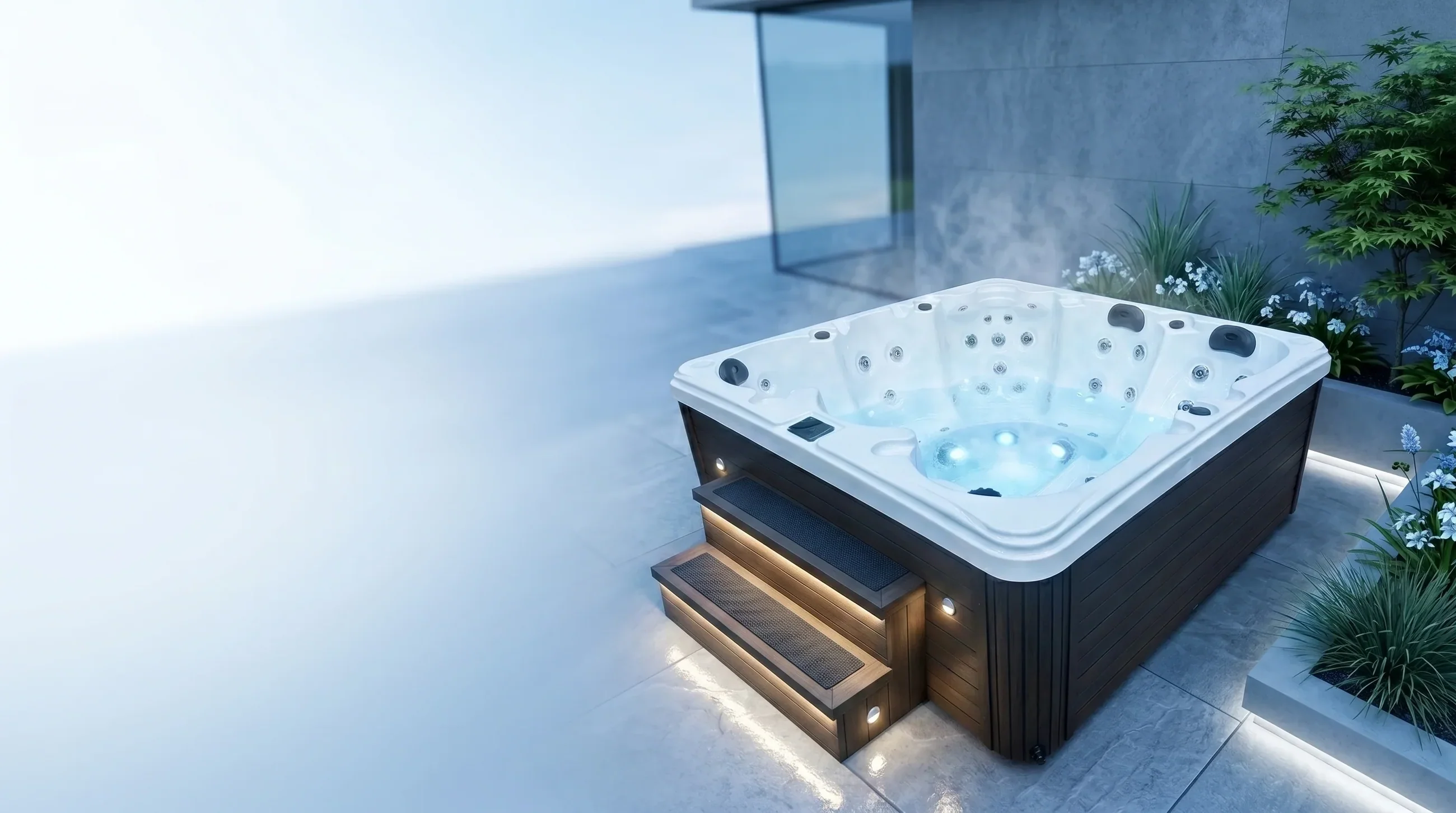 White Ocean Spas hot tub with blue interior lighting