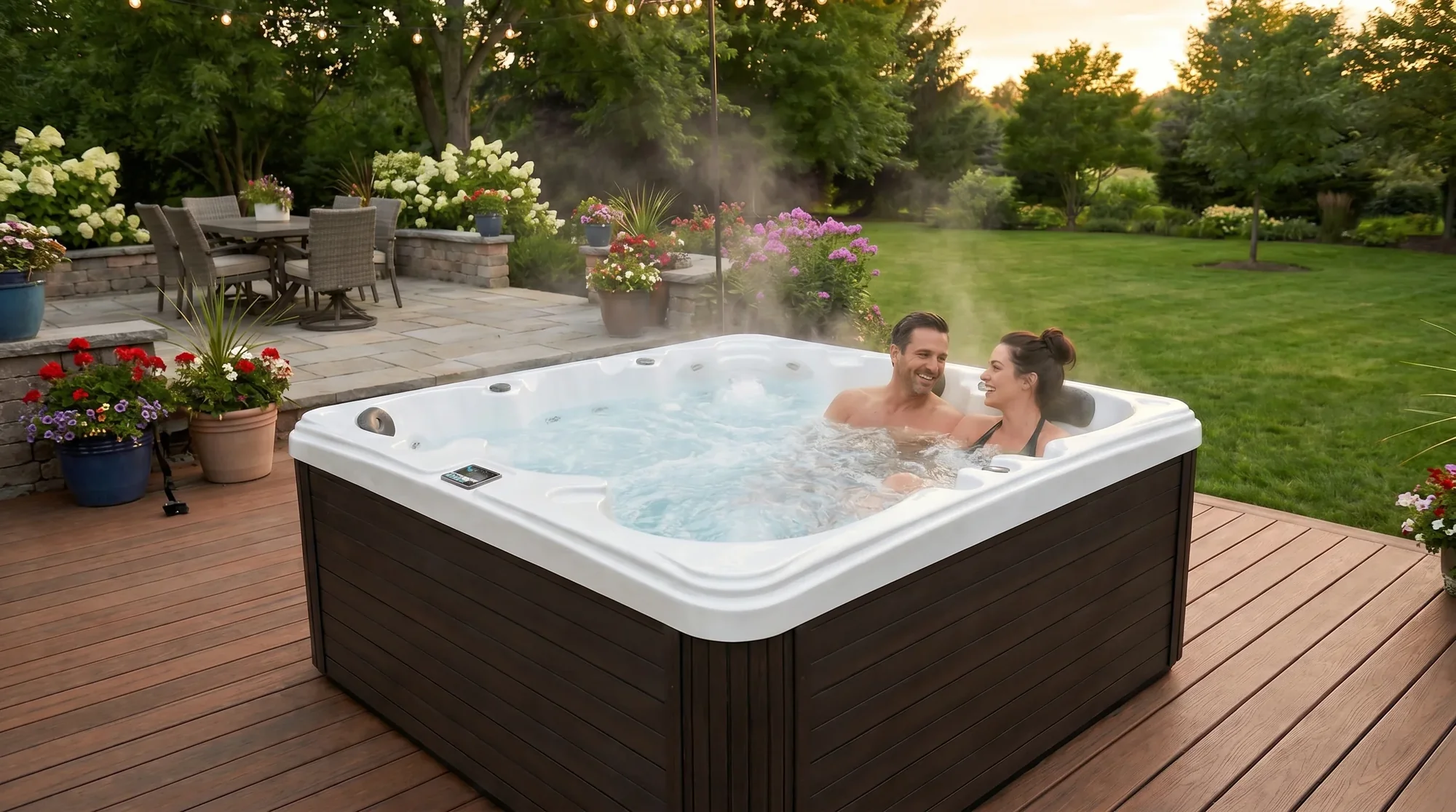 Ocean Spas hot tub on a garden patio
