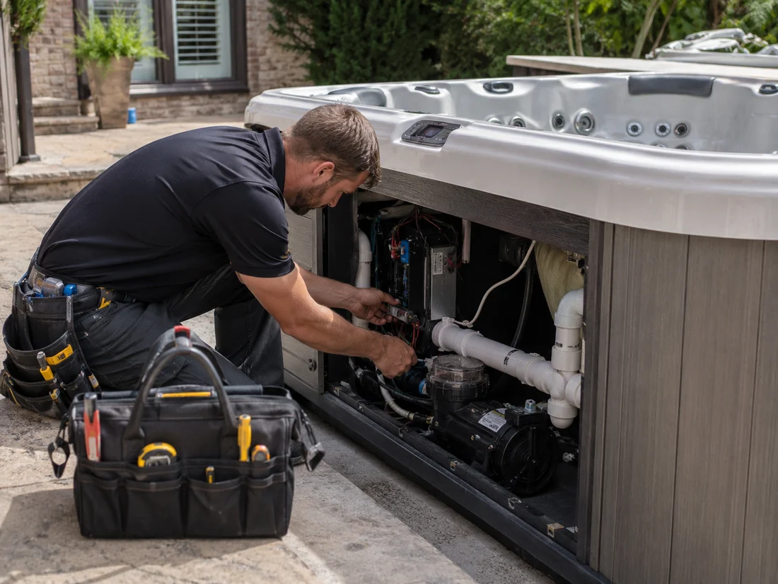 Ocean Spas technician inspecting hot tub equipment