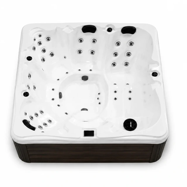 Complete white SIMPLE 3.0 hot tub and dark cabinet, centred on a white background