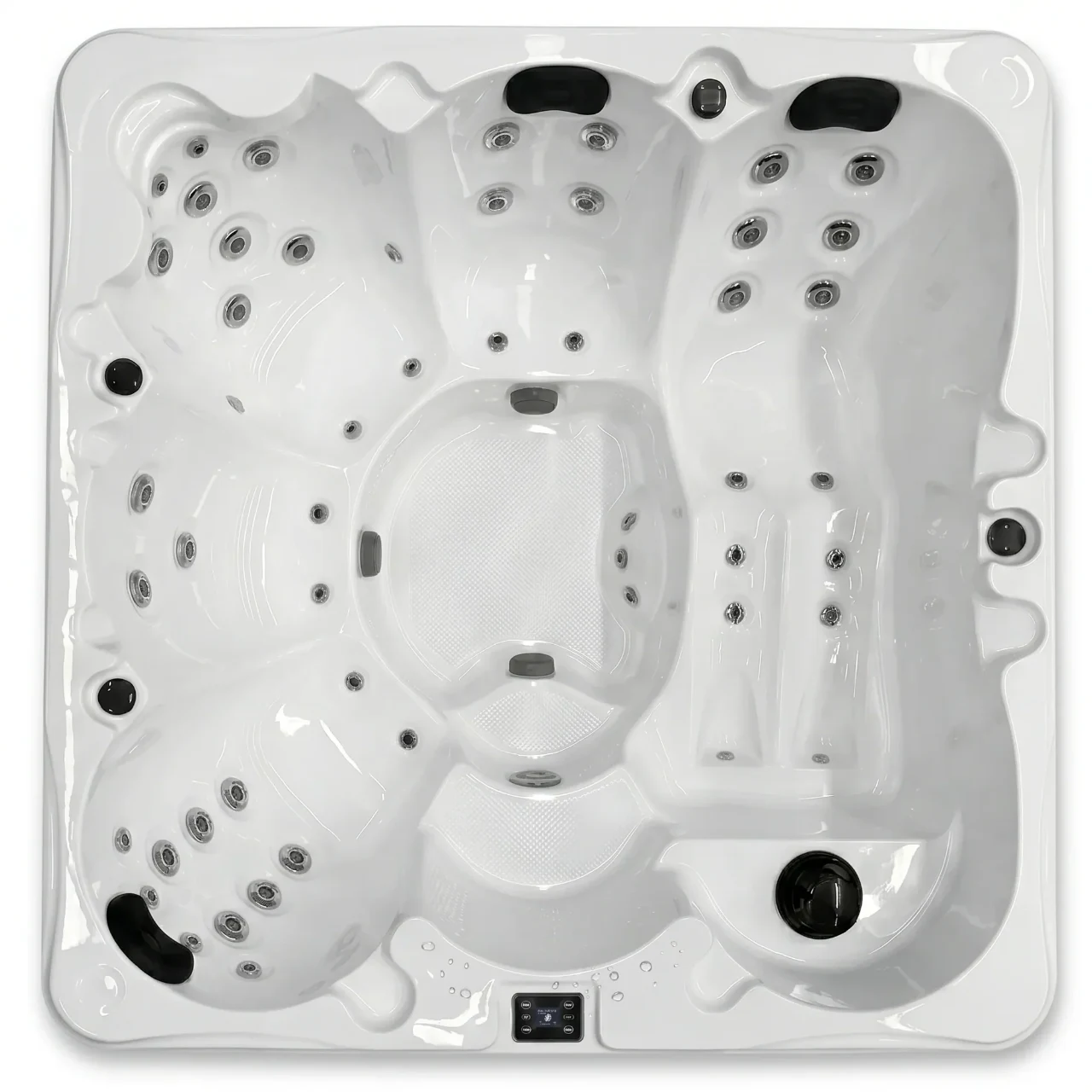 Complete square white hot tub showing the original seating layout, jets, headrests and control panel