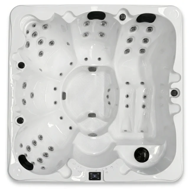 Complete square SIMPLE 3.0 white hot tub viewed from above, with seating, jets, headrests and controls