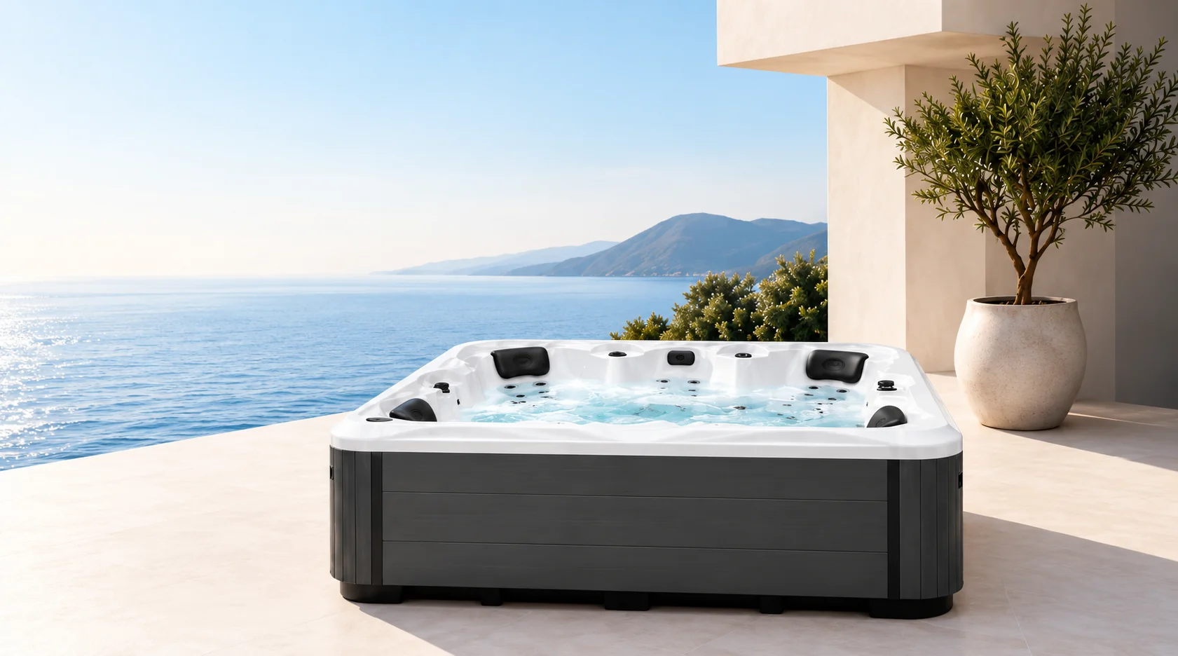 White hot tub on a coastal terrace overlooking the water