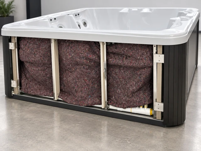 Dark fibrous removable insulation behind the opened hot tub cabinet