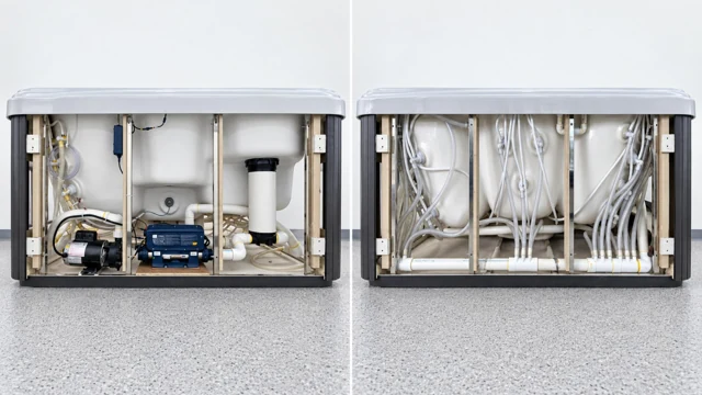 Two original views of the open hot tub cabinet, showing equipment and plumbing