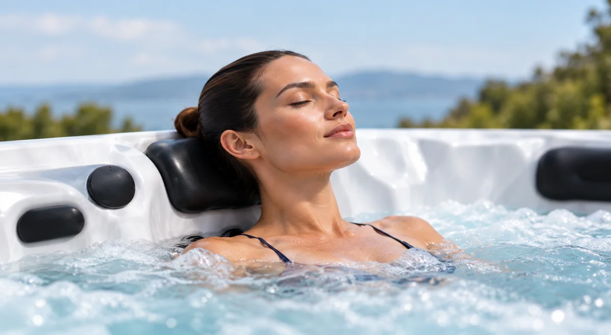 A woman relaxing in a hot tub beside the coast